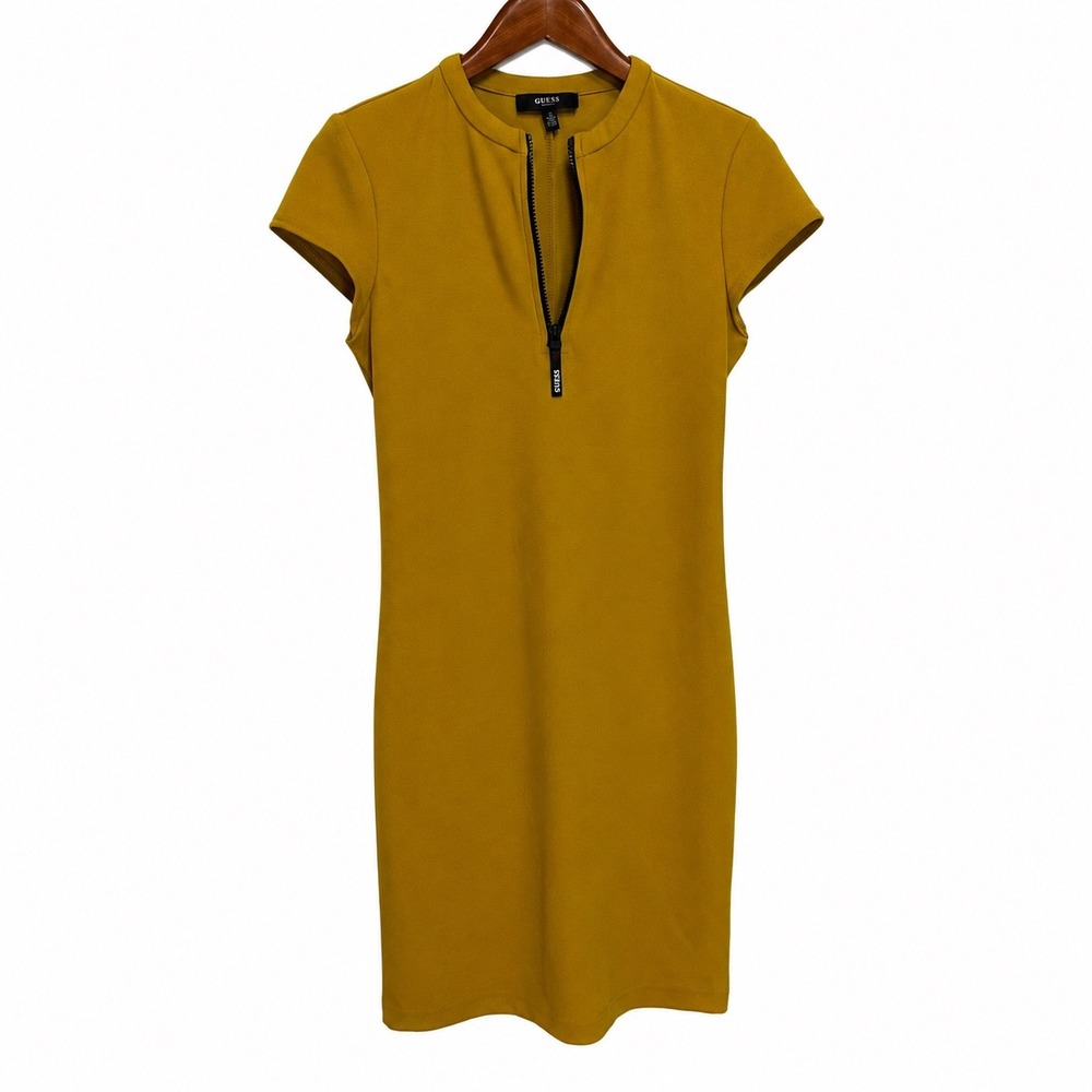 Guess Mustard Yellow Half Zip Sheath Dress GDPP4463 Short Sleeve Mock Neck S